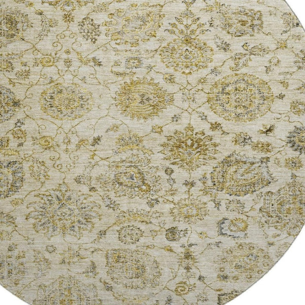 HomeRoots 8' Beige and Wheat Damask Washable Round Rug with UV Protection - Elegant, Durable & Stain-Resistant! 705116