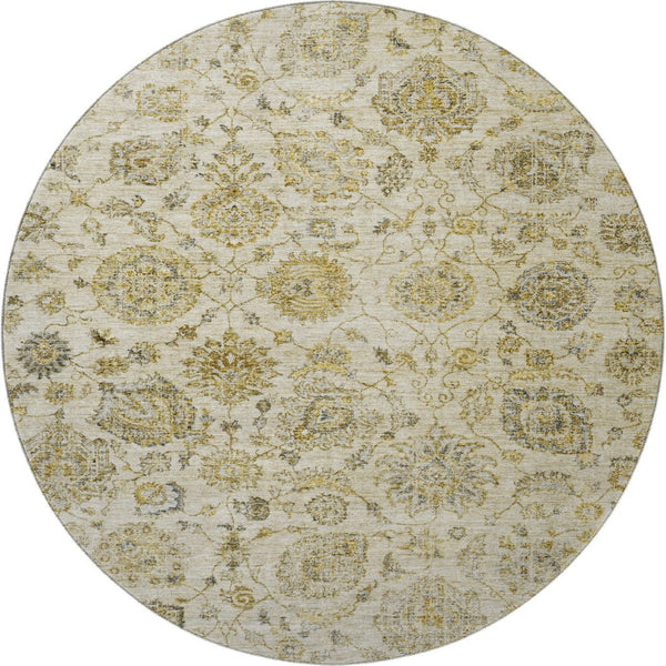 HomeRoots 8' Beige and Wheat Damask Washable Round Rug with UV Protection - Elegant, Durable & Stain-Resistant! 705116