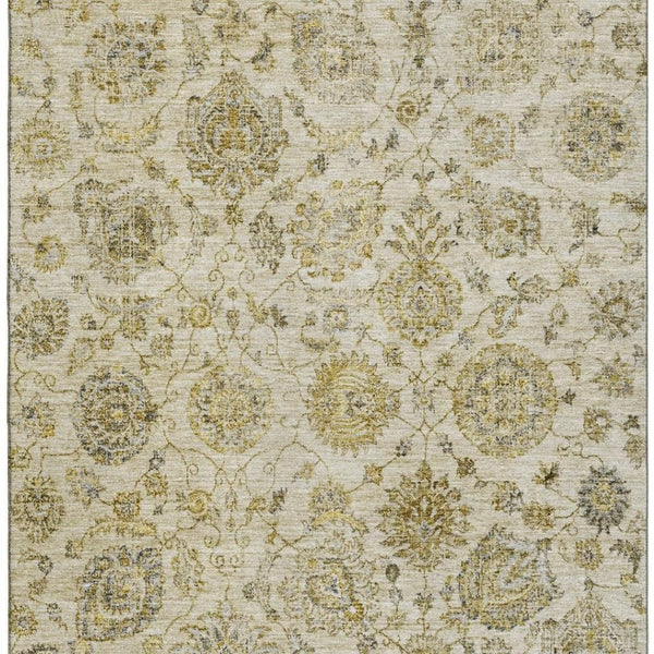 HomeRoots 9' X 12' Beige and Wheat Damask Area Rug - Washable, UV Protected, Easy-Care, Stylish for Any Space 705118