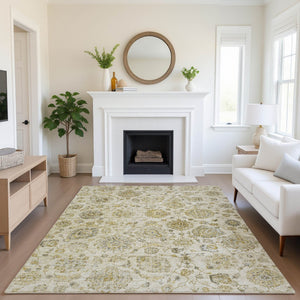 HomeRoots 10' Washable Beige and Wheat Damask Area Rug with UV Protection - Durable, Stain-Resistant Design 705119
