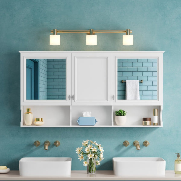 English Elm 55 Inch Wall Mount Medicine Cabinet Dual Mirrored Doors Soft Close Bathroom Vanity Storage N710P401337K