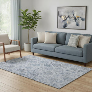HomeRoots 5' Blue and Gray Damask Area Rug – Washable, UV Protected, Stylish & Durable for Every Home! 705121