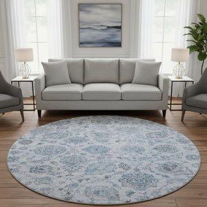 HomeRoots 8' Elegant Blue and Gray Damask Washable Round Rug with UV Protection for Stylish, Durable Living 705122