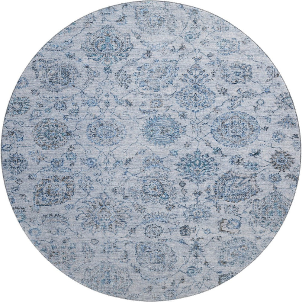 HomeRoots 8' Elegant Blue and Gray Damask Washable Round Rug with UV Protection for Stylish, Durable Living 705122
