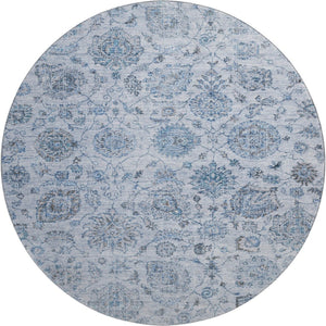 HomeRoots 8' Elegant Blue and Gray Damask Washable Round Rug with UV Protection for Stylish, Durable Living 705122