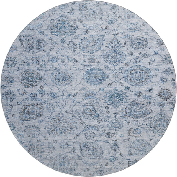 HomeRoots 8' Elegant Blue and Gray Damask Washable Round Rug with UV Protection for Stylish, Durable Living 705122