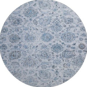 HomeRoots 8' Elegant Blue and Gray Damask Washable Round Rug with UV Protection for Stylish, Durable Living 705122