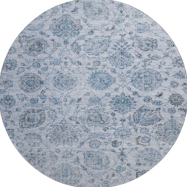 HomeRoots 8' Elegant Blue and Gray Damask Washable Round Rug with UV Protection for Stylish, Durable Living 705122