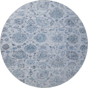 HomeRoots 8' Elegant Blue and Gray Damask Washable Round Rug with UV Protection for Stylish, Durable Living 705122