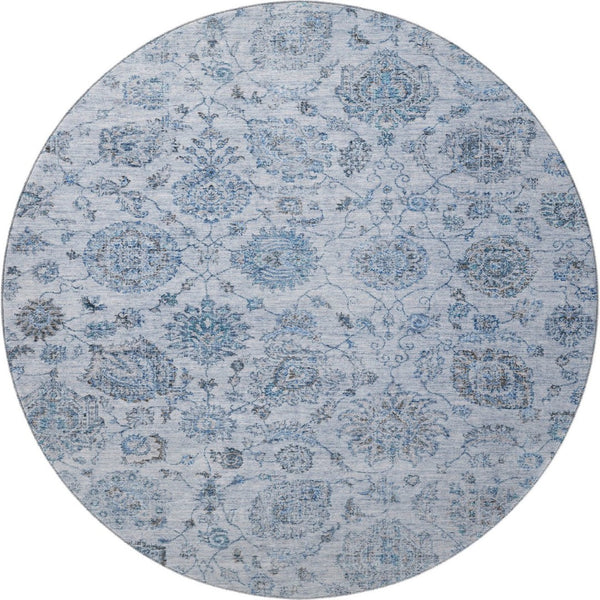 HomeRoots 8' Elegant Blue and Gray Damask Washable Round Rug with UV Protection for Stylish, Durable Living 705122