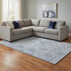 HomeRoots 8' X 10' Blue and Gray Damask Area Rug - Washable, UV Protected, Stylish & Durable for Busy Homes 705123