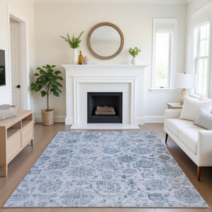 HomeRoots 8' X 10' Blue and Gray Damask Area Rug - Washable, UV Protected, Stylish & Durable for Busy Homes 705123