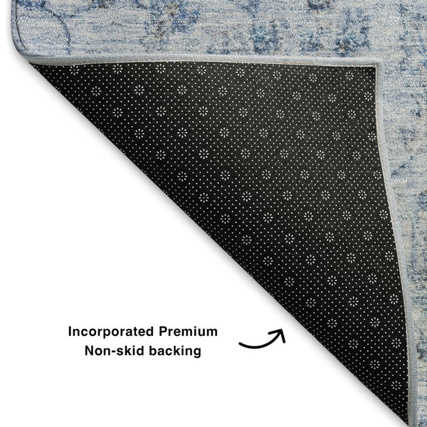 HomeRoots 8' X 10' Blue and Gray Damask Area Rug - Washable, UV Protected, Stylish & Durable for Busy Homes 705123