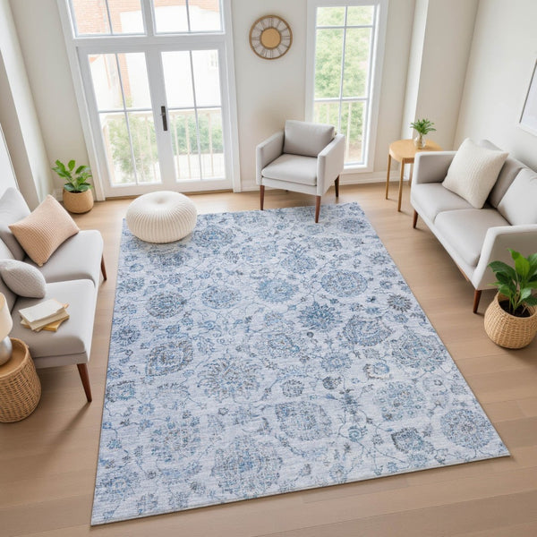 HomeRoots 8' X 10' Blue and Gray Damask Area Rug - Washable, UV Protected, Stylish & Durable for Busy Homes 705123