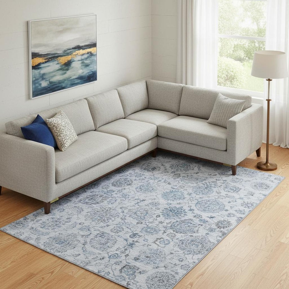 HomeRoots 10' X 14' Blue and Gray Damask Area Rug – Washable, Durable, UV Protected for Family Living Spaces 705125
