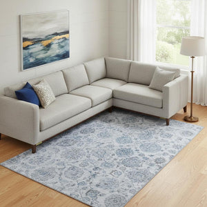 HomeRoots 10' X 14' Blue and Gray Damask Area Rug – Washable, Durable, UV Protected for Family Living Spaces 705125