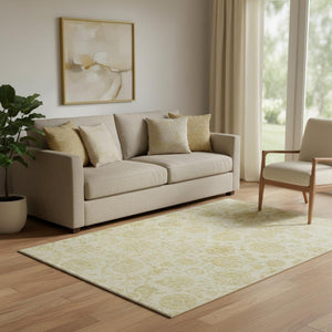 HomeRoots 5' X 8' Gold And Beige Damask Area Rug - Washable, UV Protected, Stain Resistant for Modern Homes 705127