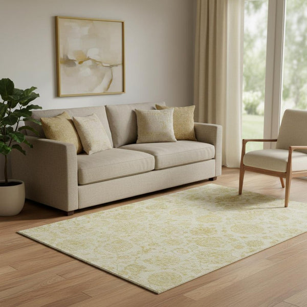 HomeRoots 5' X 8' Gold And Beige Damask Area Rug - Washable, UV Protected, Stain Resistant for Modern Homes 705127