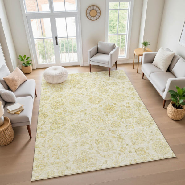 HomeRoots 5' X 8' Gold And Beige Damask Area Rug - Washable, UV Protected, Stain Resistant for Modern Homes 705127