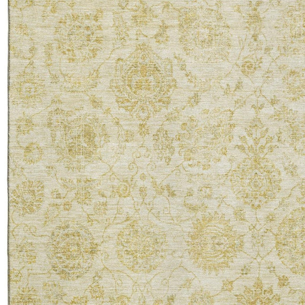 HomeRoots 5' X 8' Gold And Beige Damask Area Rug - Washable, UV Protected, Stain Resistant for Modern Homes 705127