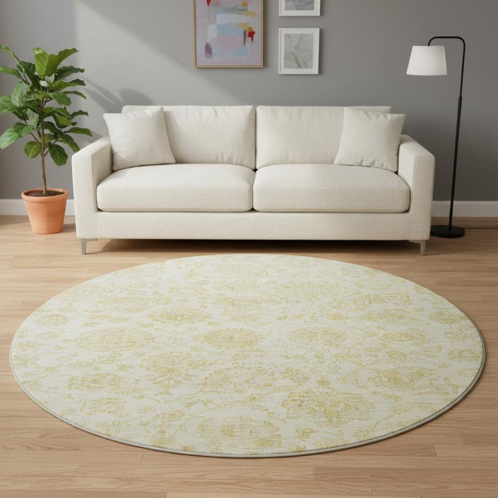 HomeRoots 8' Gold and Beige Damask Round Rug - Washable, UV-Protected, Family-Friendly Design for Any Room 705128