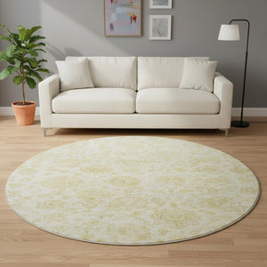 HomeRoots 8' Gold and Beige Damask Round Rug - Washable, UV-Protected, Family-Friendly Design for Any Room 705128