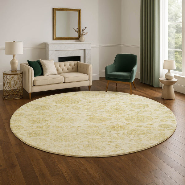 HomeRoots 8' Gold and Beige Damask Round Rug - Washable, UV-Protected, Family-Friendly Design for Any Room 705128