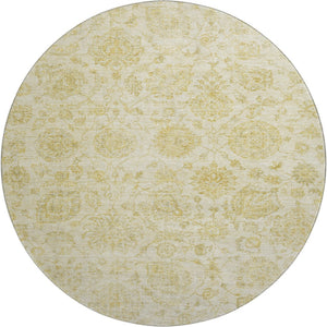 HomeRoots 8' Gold and Beige Damask Round Rug - Washable, UV-Protected, Family-Friendly Design for Any Room 705128