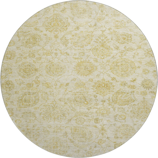 HomeRoots 8' Gold and Beige Damask Round Rug - Washable, UV-Protected, Family-Friendly Design for Any Room 705128