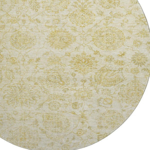 HomeRoots 8' Gold and Beige Damask Round Rug - Washable, UV-Protected, Family-Friendly Design for Any Room 705128