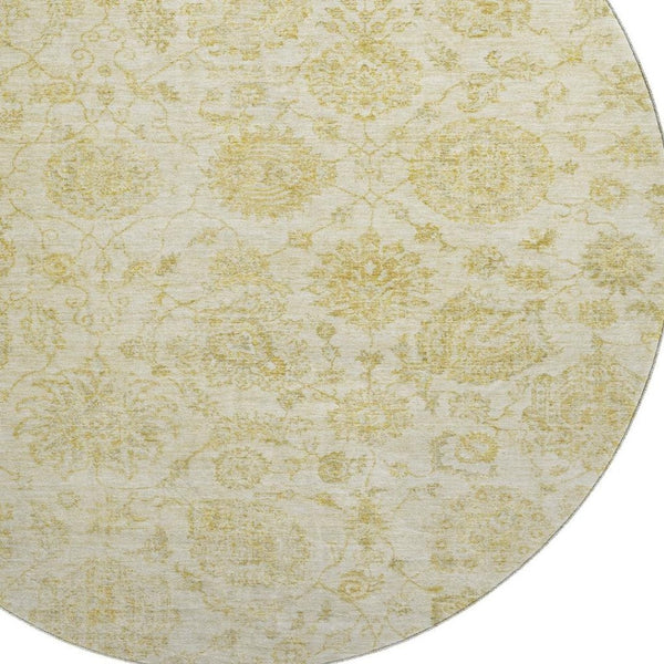 HomeRoots 8' Gold and Beige Damask Round Rug - Washable, UV-Protected, Family-Friendly Design for Any Room 705128