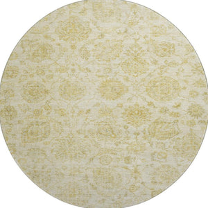 HomeRoots 8' Gold and Beige Damask Round Rug - Washable, UV-Protected, Family-Friendly Design for Any Room 705128