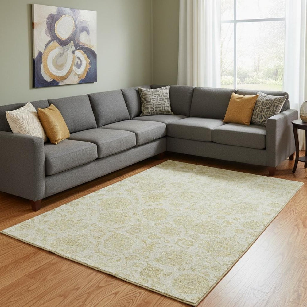 HomeRoots 8' X 10' Elegant Gold and Beige Damask Area Rug – Washable, UV Protected, Stain Resistant Design! 705129