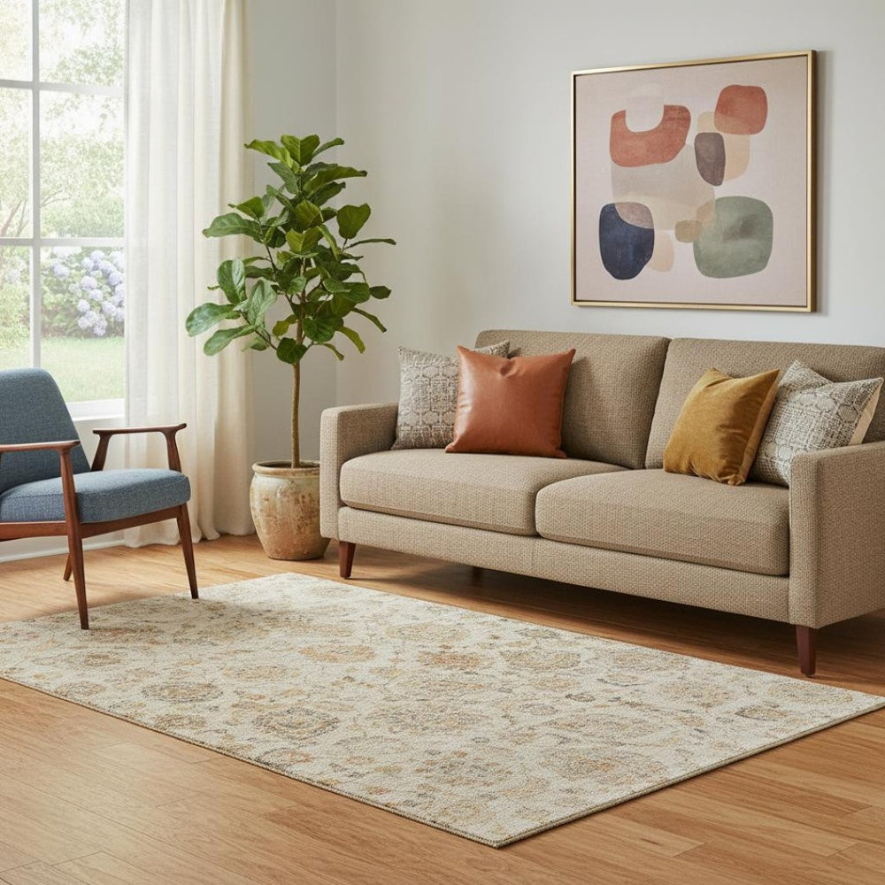 HomeRoots 5' X 8' Elegant Linen & Gray Damask Washable Area Rug - UV Protected, Family-Friendly & Stylish Decor 705133