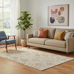 HomeRoots 5' X 8' Elegant Linen & Gray Damask Washable Area Rug - UV Protected, Family-Friendly & Stylish Decor 705133