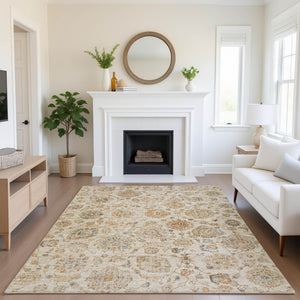 HomeRoots 5' X 8' Elegant Linen & Gray Damask Washable Area Rug - UV Protected, Family-Friendly & Stylish Decor 705133