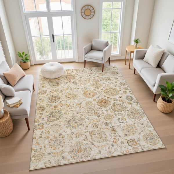 HomeRoots 5' X 8' Elegant Linen & Gray Damask Washable Area Rug - UV Protected, Family-Friendly & Stylish Decor 705133