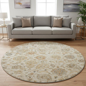 HomeRoots 8' Elegant Linen and Gray Damask Washable Round Rug - Stain Resistant, UV Protected, Easy Care Design! 705134