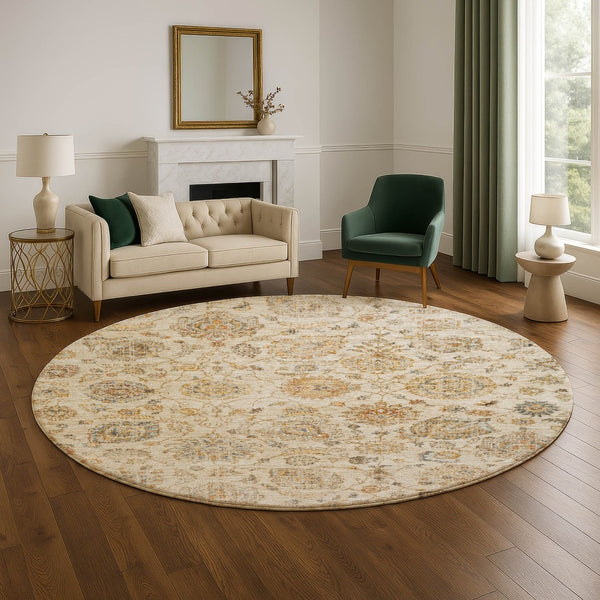 HomeRoots 8' Elegant Linen and Gray Damask Washable Round Rug - Stain Resistant, UV Protected, Easy Care Design! 705134