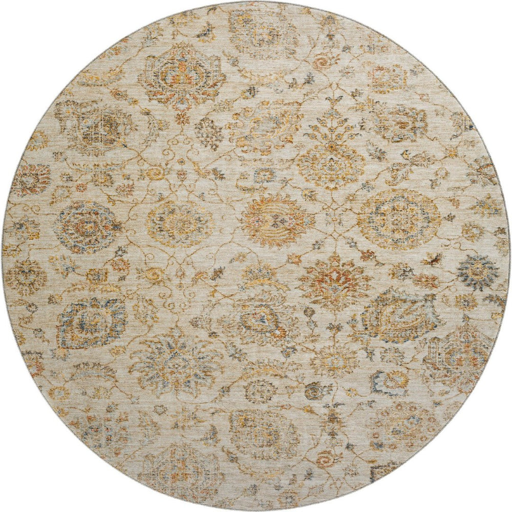 HomeRoots 8' Elegant Linen and Gray Damask Washable Round Rug - Stain Resistant, UV Protected, Easy Care Design! 705134