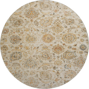 HomeRoots 8' Elegant Linen and Gray Damask Washable Round Rug - Stain Resistant, UV Protected, Easy Care Design! 705134