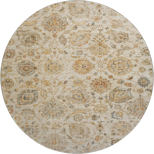 HomeRoots 8' Elegant Linen and Gray Damask Washable Round Rug - Stain Resistant, UV Protected, Easy Care Design! 705134