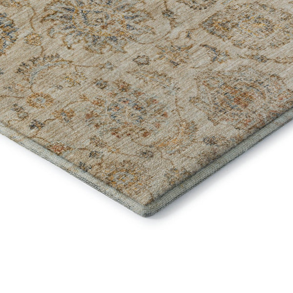 HomeRoots 8' Elegant Linen and Gray Damask Washable Round Rug - Stain Resistant, UV Protected, Easy Care Design! 705134