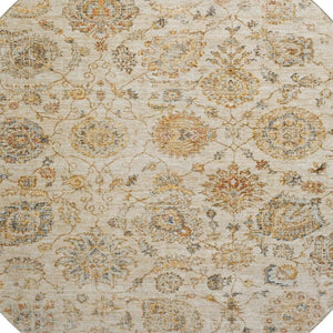 HomeRoots 8' Elegant Linen and Gray Damask Washable Round Rug - Stain Resistant, UV Protected, Easy Care Design! 705134