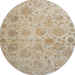 HomeRoots 8' Elegant Linen and Gray Damask Washable Round Rug - Stain Resistant, UV Protected, Easy Care Design! 705134