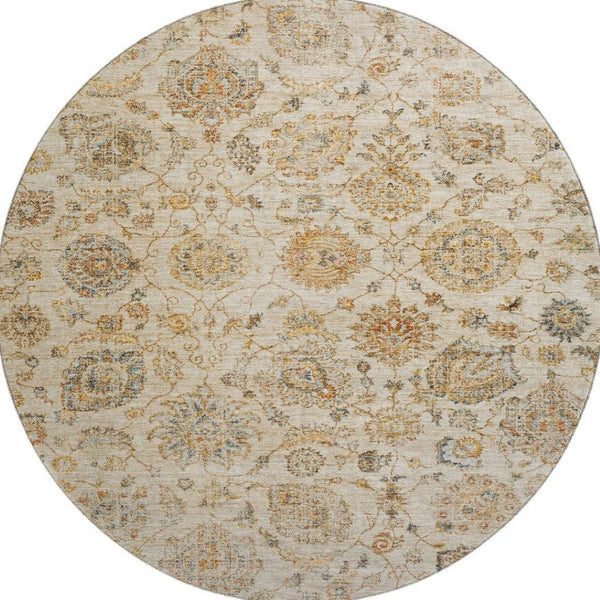 HomeRoots 8' Elegant Linen and Gray Damask Washable Round Rug - Stain Resistant, UV Protected, Easy Care Design! 705134