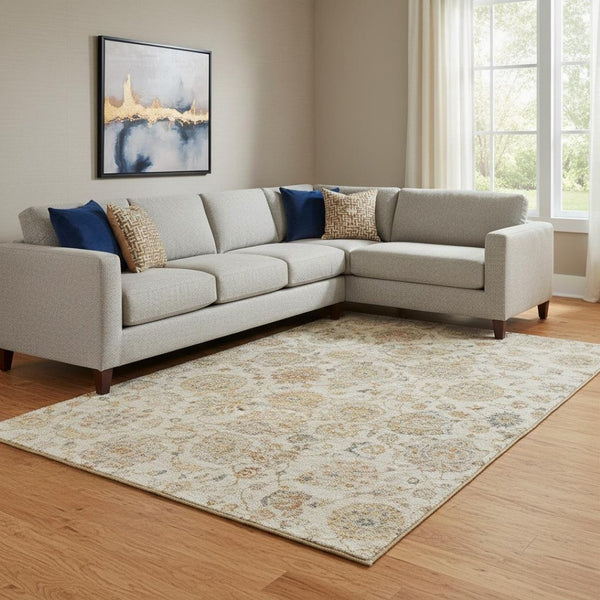 HomeRoots 8' X 10' Elegant Linen & Gray Damask Washable Area Rug with UV Protection for Busy Homes 705135