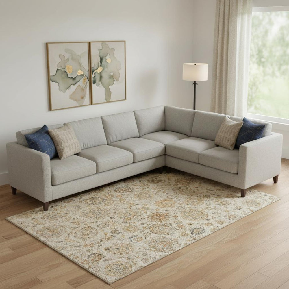 HomeRoots 9' X 12' Elegant Linen & Gray Damask Washable Area Rug - Durable, UV-Protected, Family-Friendly Design 705136
