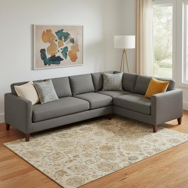 HomeRoots 10' X 14' Transitional Linen And Gray Damask Area Rug - Washable, Stain Resistant, UV Protected 705137