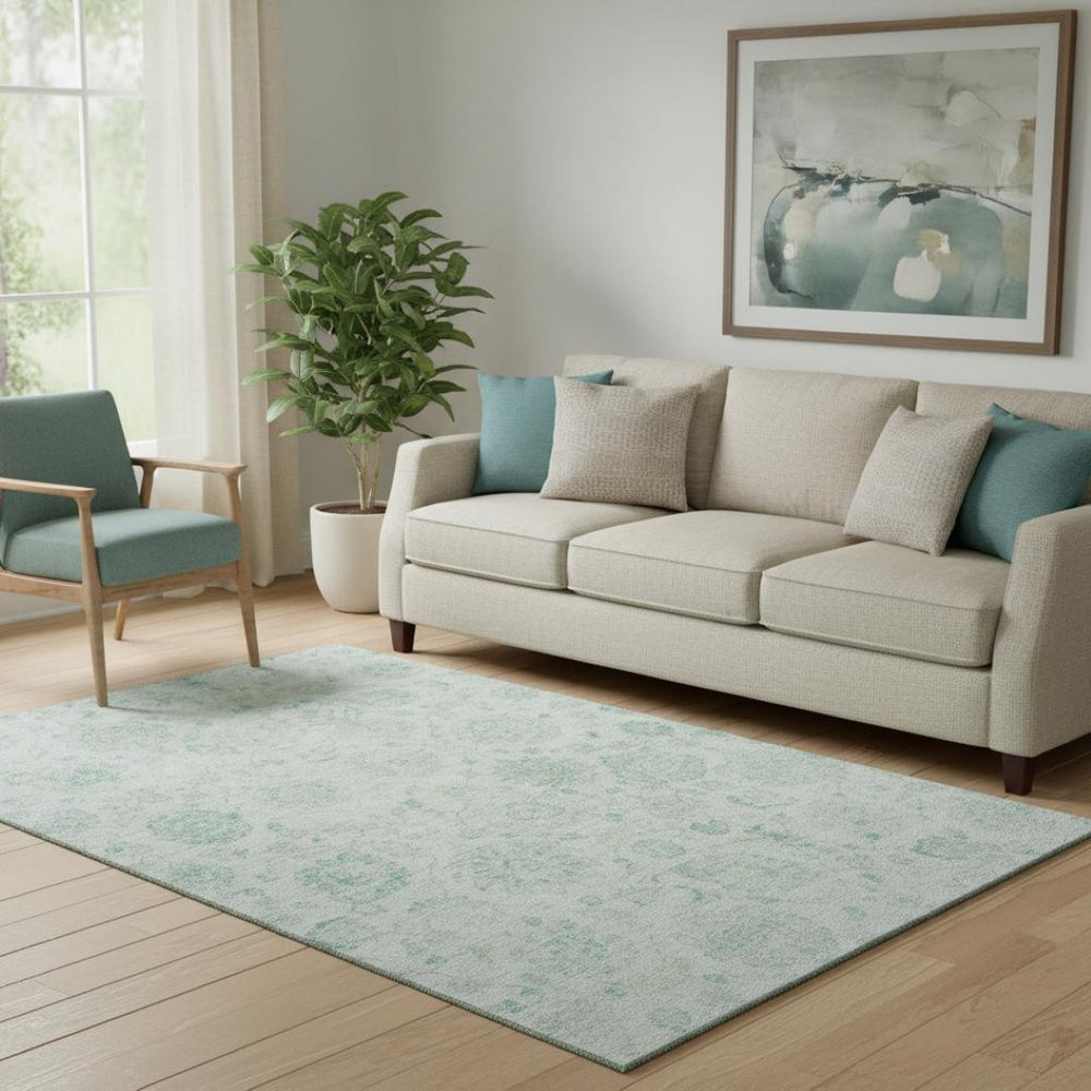 HomeRoots 5' X 8' Turquoise & Beige Damask Washable Area Rug - Stylish, Durable, UV-Protected for Home Elegance 705139
